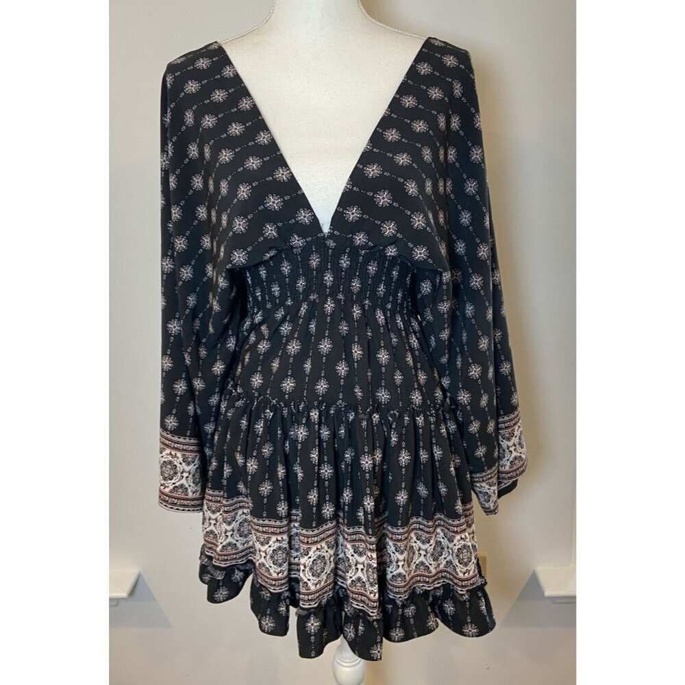MISA Los Angeles Dress V Neck Open Back Elastic Waist Black Pink White Medium M